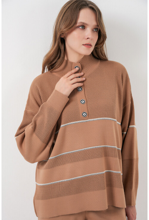 Kadın Çizgili Oversize Triko İkili Takım 15957