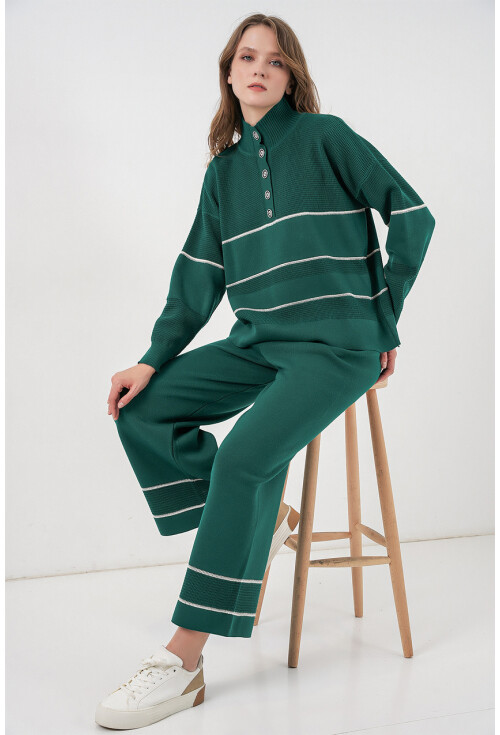 Kadın Çizgili Oversize Triko İkili Takım 15957
