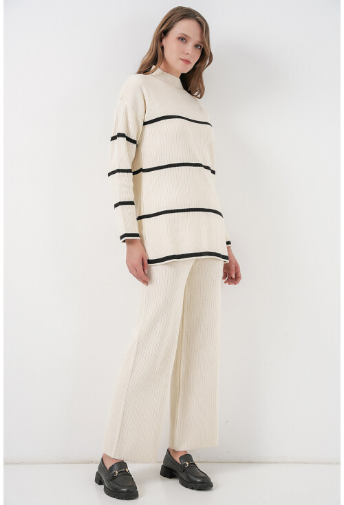 Kadın Çizgili Oversize Triko İkili Takım 15959