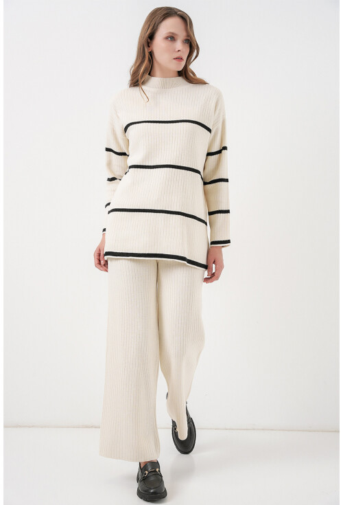 Kadın Çizgili Oversize Triko İkili Takım 15959