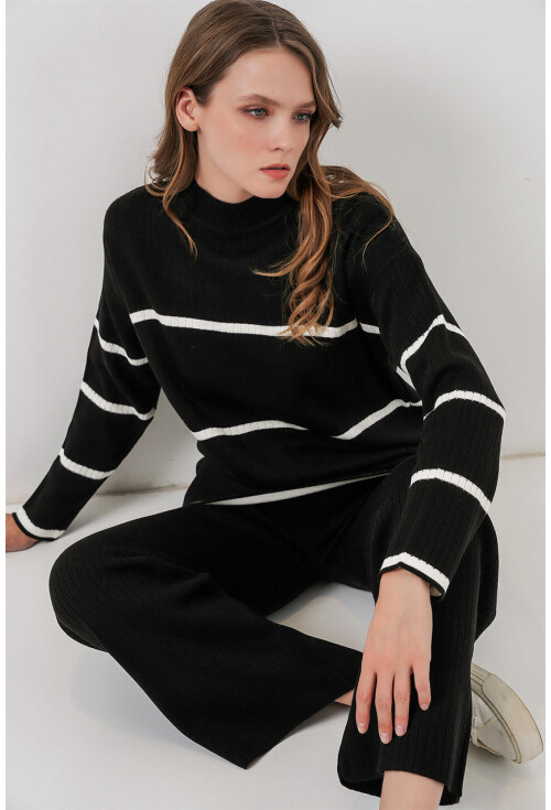 Kadın Çizgili Oversize Triko İkili Takım 15959