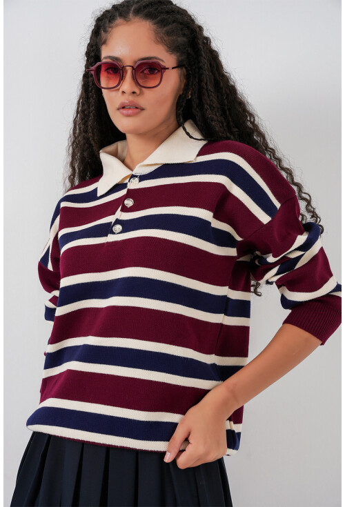 Kadın Çizgili Polo Yaka Triko Kazak 15952