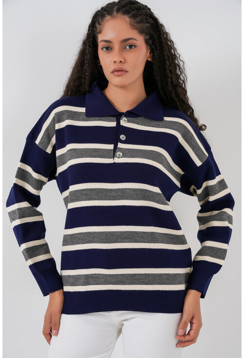 Kadın Çizgili Polo Yaka Triko Kazak 15952