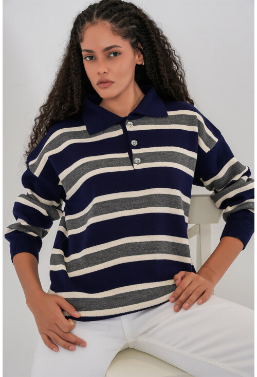 Kadın Çizgili Polo Yaka Triko Kazak 15952