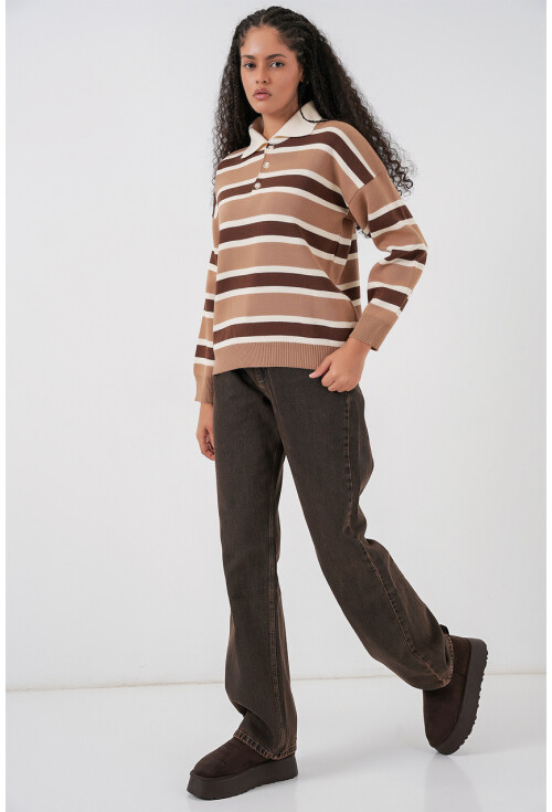 Kadın Çizgili Polo Yaka Triko Kazak 15952