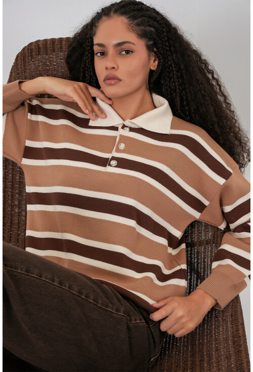Kadın Çizgili Polo Yaka Triko Kazak 15952