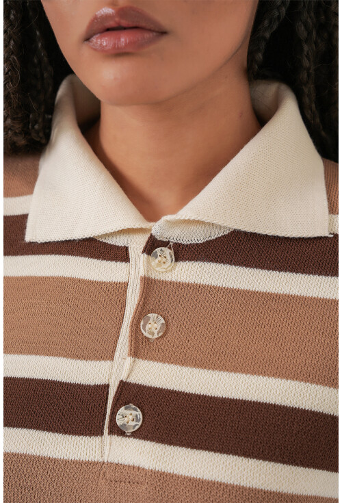 Kadın Çizgili Polo Yaka Triko Kazak 15952