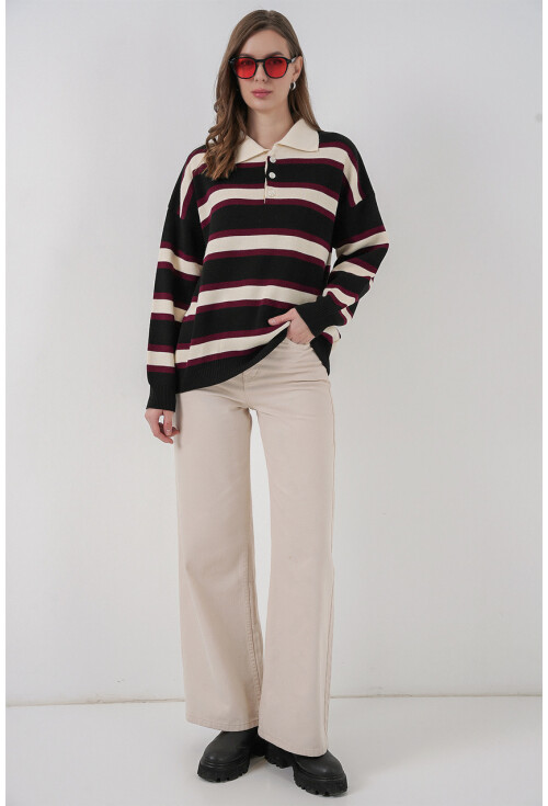 Kadın Çizgili Polo Yaka Triko Kazak 15952