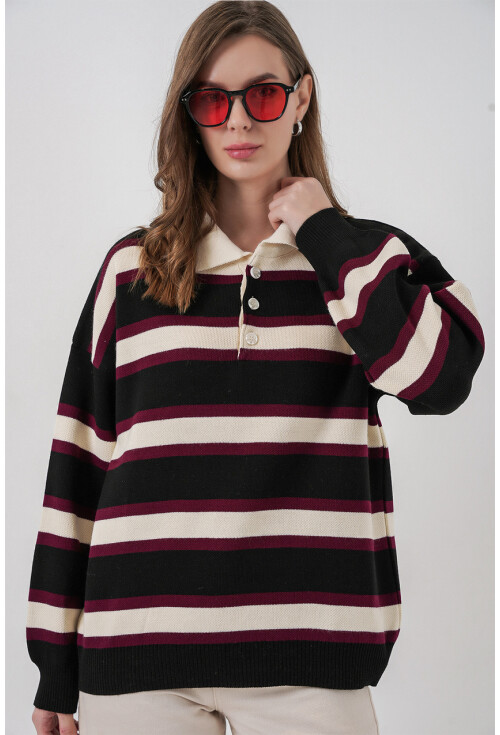 Kadın Çizgili Polo Yaka Triko Kazak 15952