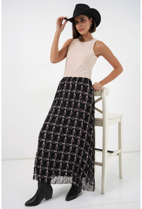 Kadın Desenli Astarlı Şifon Etek 8058