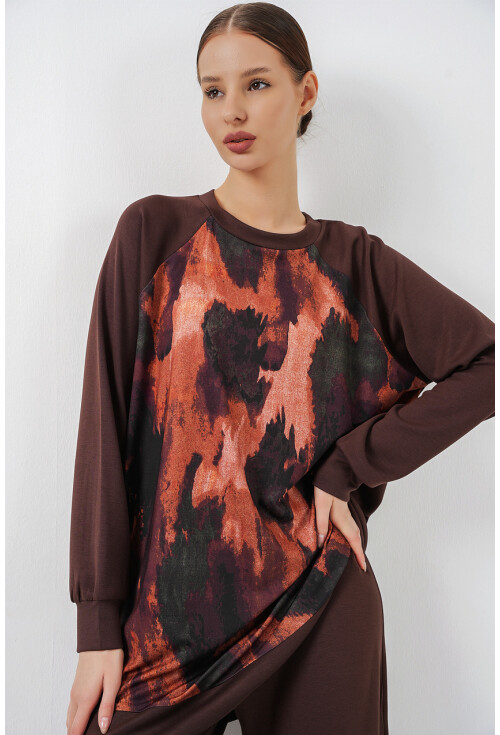 Kadın Desenli Oversize Tunik Pantolon İkili Takım 55462