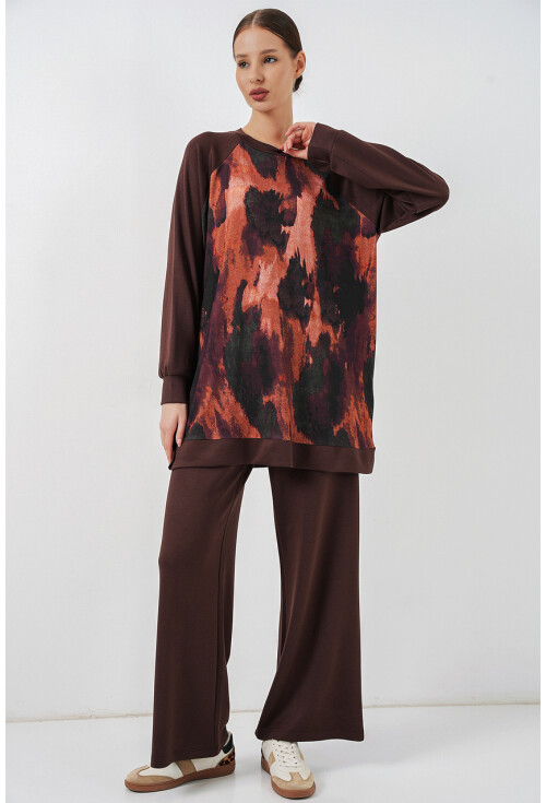 Kadın Desenli Oversize Tunik Pantolon İkili Takım 55462