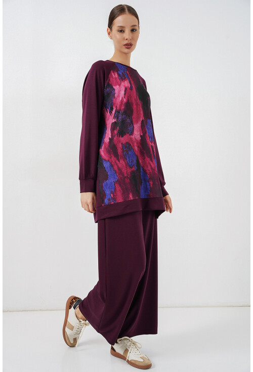 Kadın Desenli Oversize Tunik Pantolon İkili Takım 55462
