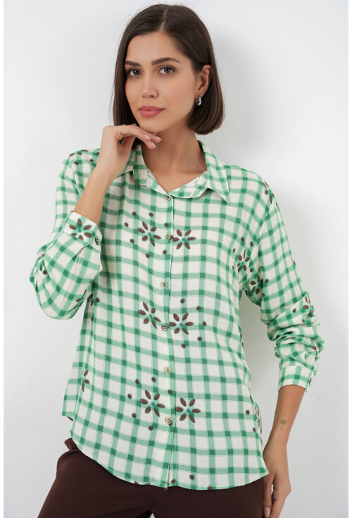 Kadın Desenli Oversize Viskon Gömlek 20371