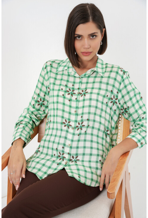 Kadın Desenli Oversize Viskon Gömlek 20371