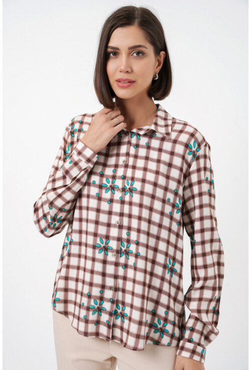 Kadın Desenli Oversize Viskon Gömlek 20371