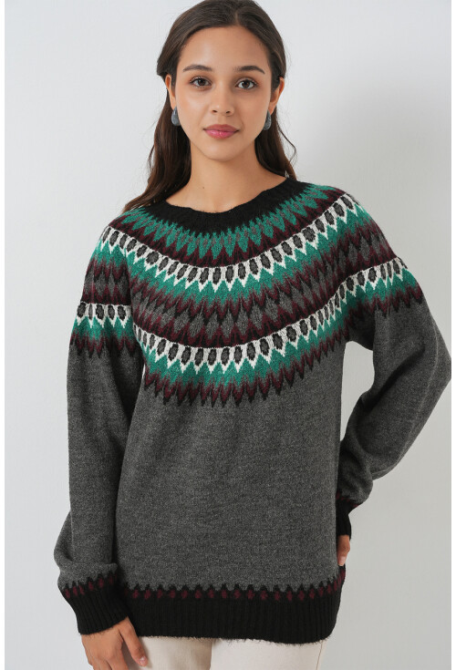 Kadın Desenli Triko Kazak 15932