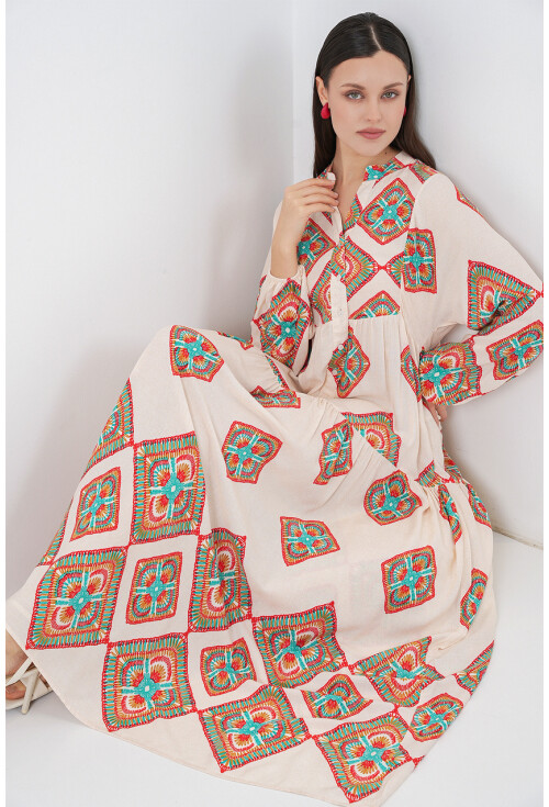 Kadın Desenli Uzun Tesettür Elbise 2585