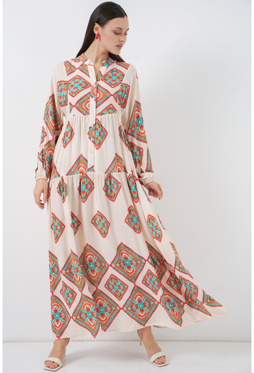 Kadın Desenli Uzun Tesettür Elbise 2585