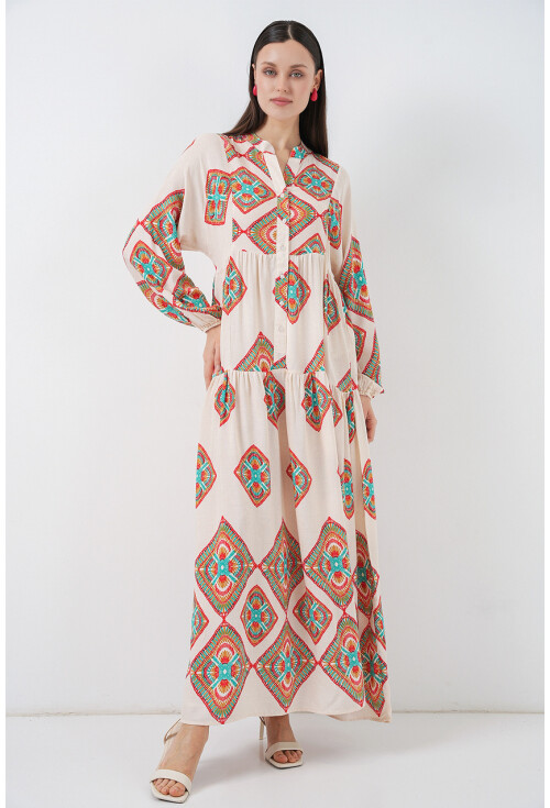 Kadın Desenli Uzun Tesettür Elbise 2585