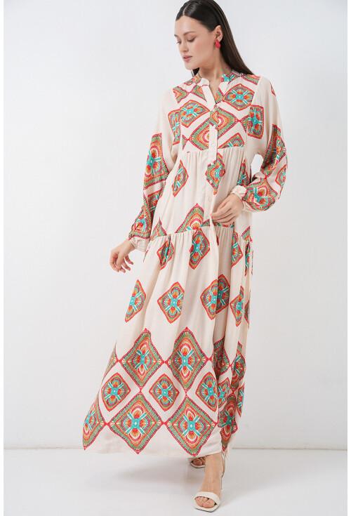 Kadın Desenli Uzun Tesettür Elbise 2585