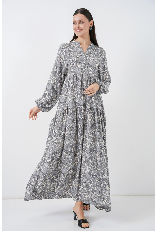 Kadın Desenli Uzun Tesettür Elbise 2585