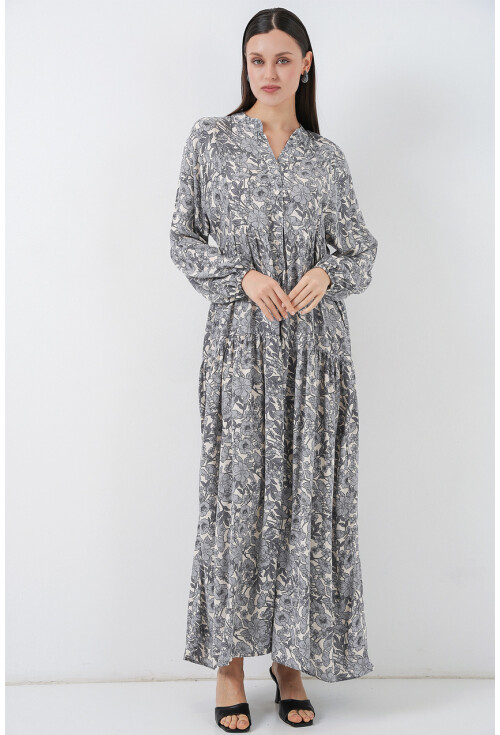 Kadın Desenli Uzun Tesettür Elbise 2585