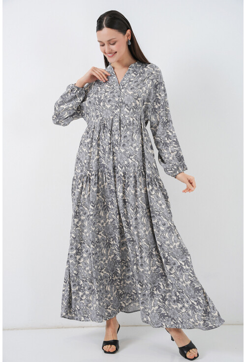 Kadın Desenli Uzun Tesettür Elbise 2585