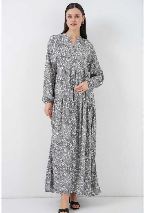 Kadın Desenli Uzun Tesettür Elbise 2585