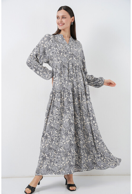 Kadın Desenli Uzun Tesettür Elbise 2585