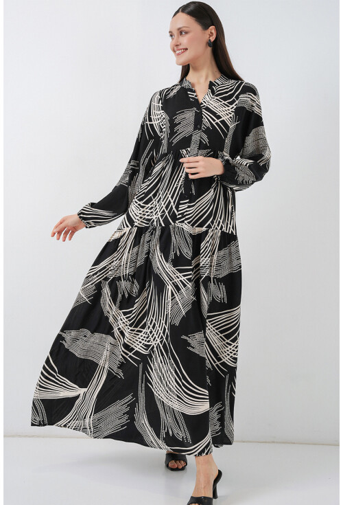 Kadın Desenli Uzun Tesettür Elbise 2585