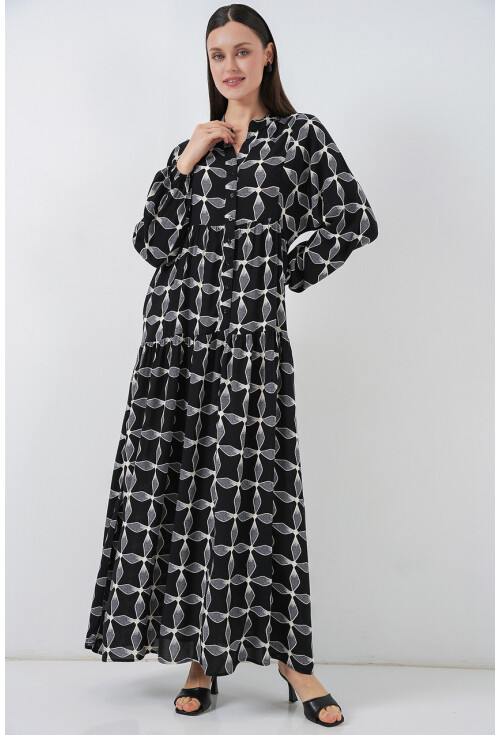 Kadın Desenli Uzun Tesettür Elbise 2585