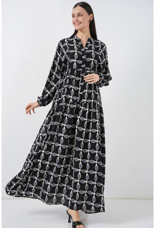 Kadın Desenli Uzun Tesettür Elbise 2585