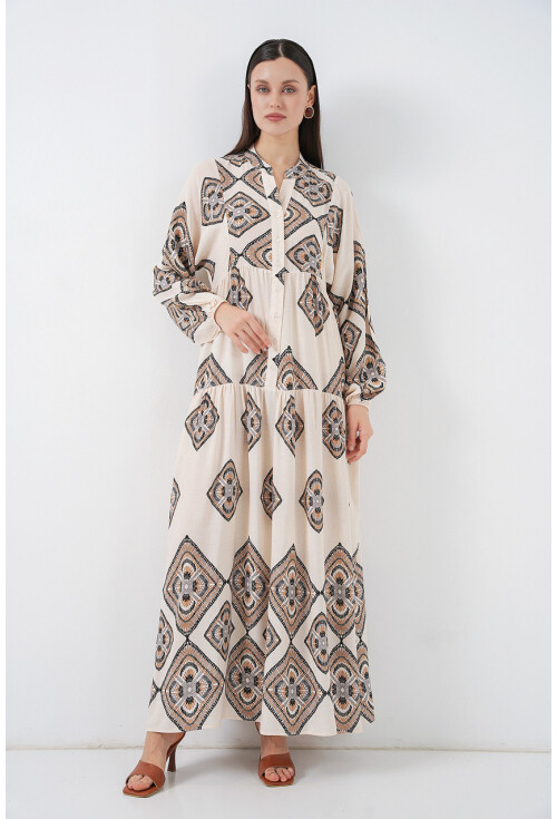 Kadın Desenli Uzun Tesettür Elbise 2585