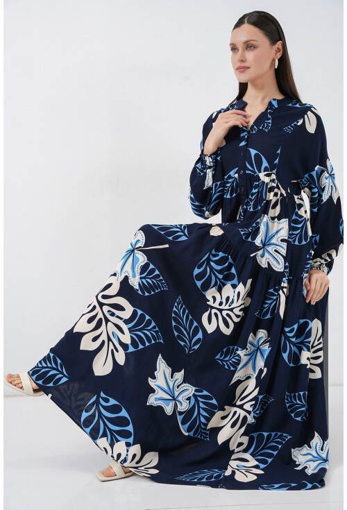 Kadın Desenli Uzun Tesettür Elbise 2585