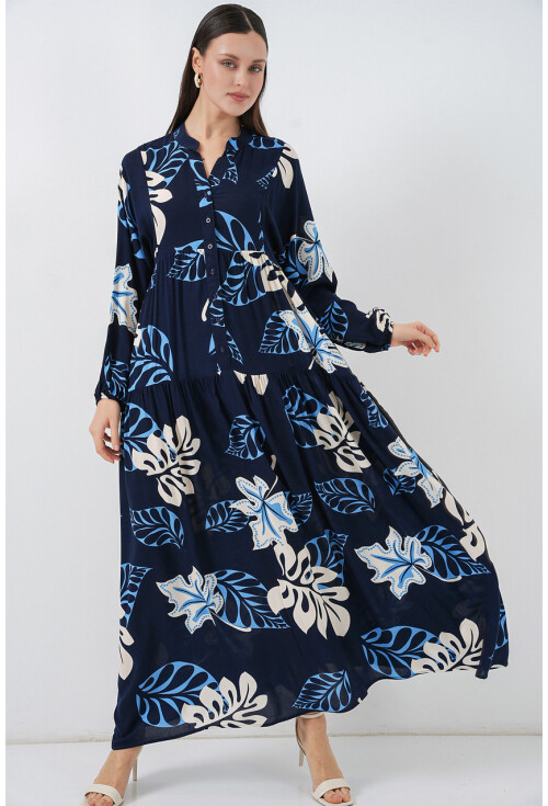 Kadın Desenli Uzun Tesettür Elbise 2585