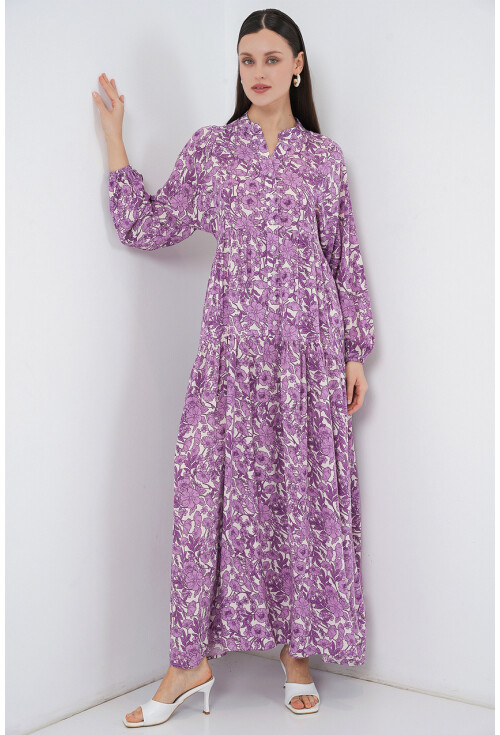 Kadın Desenli Uzun Tesettür Elbise 2585