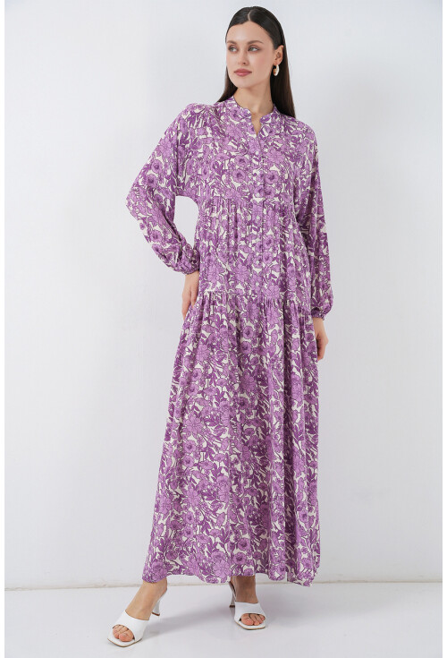 Kadın Desenli Uzun Tesettür Elbise 2585