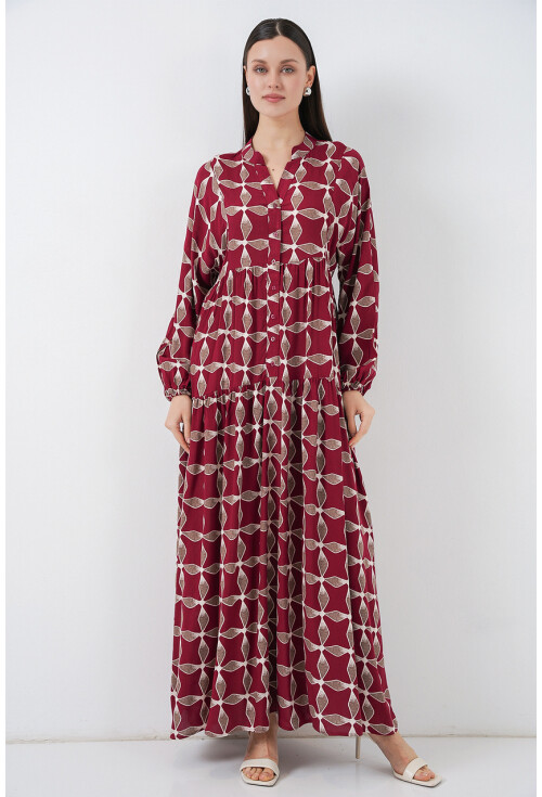 Kadın Desenli Uzun Tesettür Elbise 2585