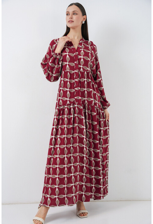Kadın Desenli Uzun Tesettür Elbise 2585