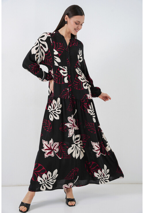 Kadın Desenli Uzun Tesettür Elbise 2585