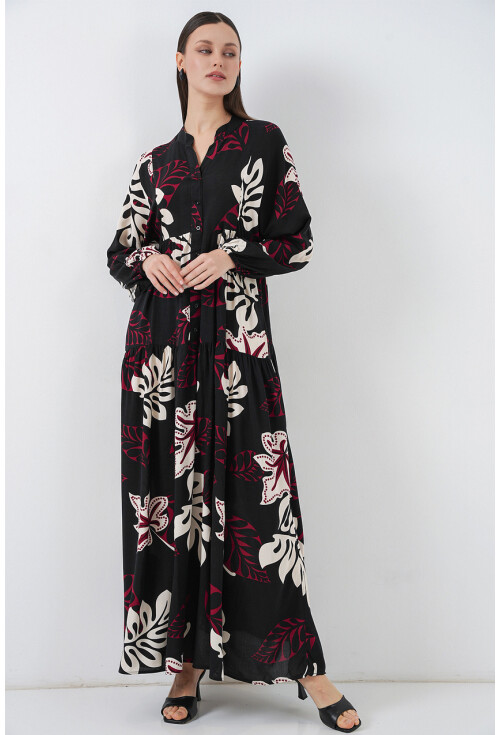 Kadın Desenli Uzun Tesettür Elbise 2585