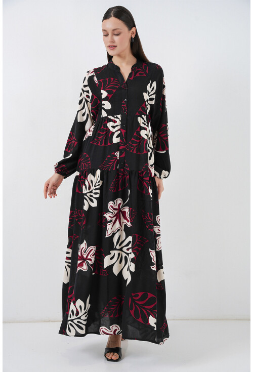 Kadın Desenli Uzun Tesettür Elbise 2585