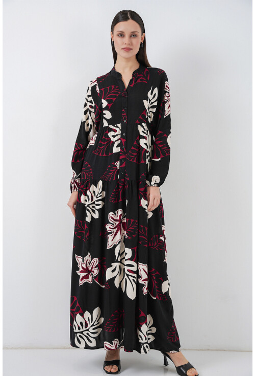 Kadın Desenli Uzun Tesettür Elbise 2585