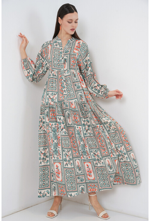 Kadın Desenli Uzun Tesettür Elbise 2585