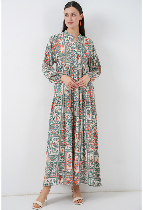 Kadın Desenli Uzun Tesettür Elbise 2585