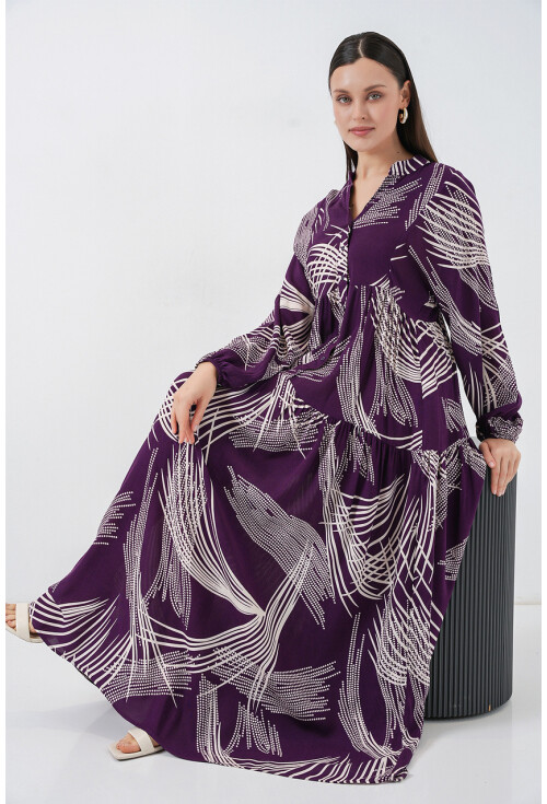 Kadın Desenli Uzun Tesettür Elbise 2585