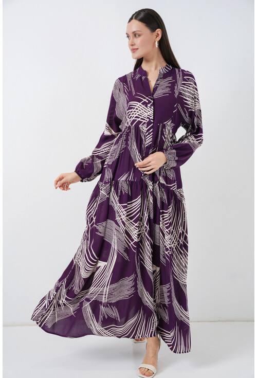 Kadın Desenli Uzun Tesettür Elbise 2585