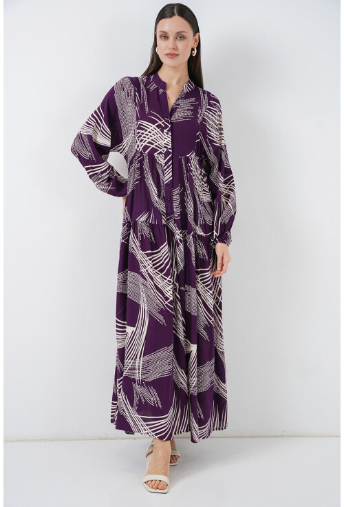 Kadın Desenli Uzun Tesettür Elbise 2585