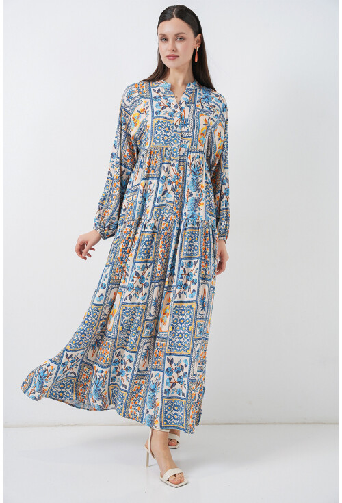 Kadın Desenli Uzun Tesettür Elbise 2585